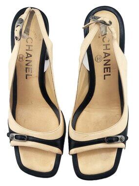 Classic Chanel Peep Toe Slingback Heels US Size 5 1/2 - 35 1/2 Made In Italy